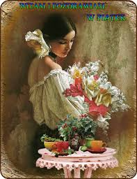 Kobieta z bukietem kwiatów pozdrawia w piątek